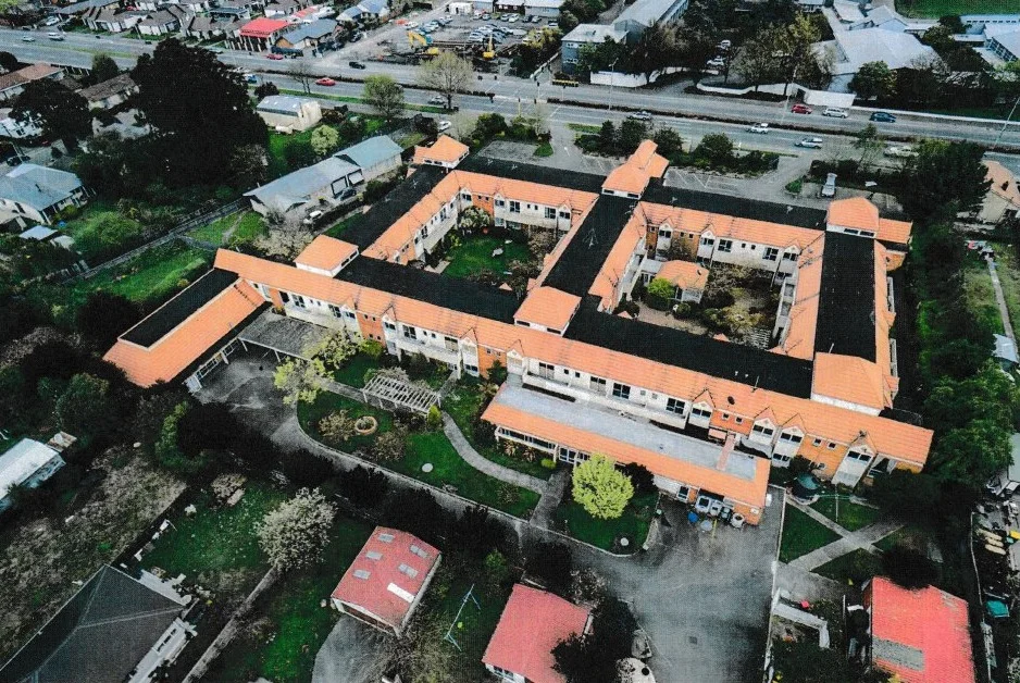 Aerial view of a large painted roof in Christchurch